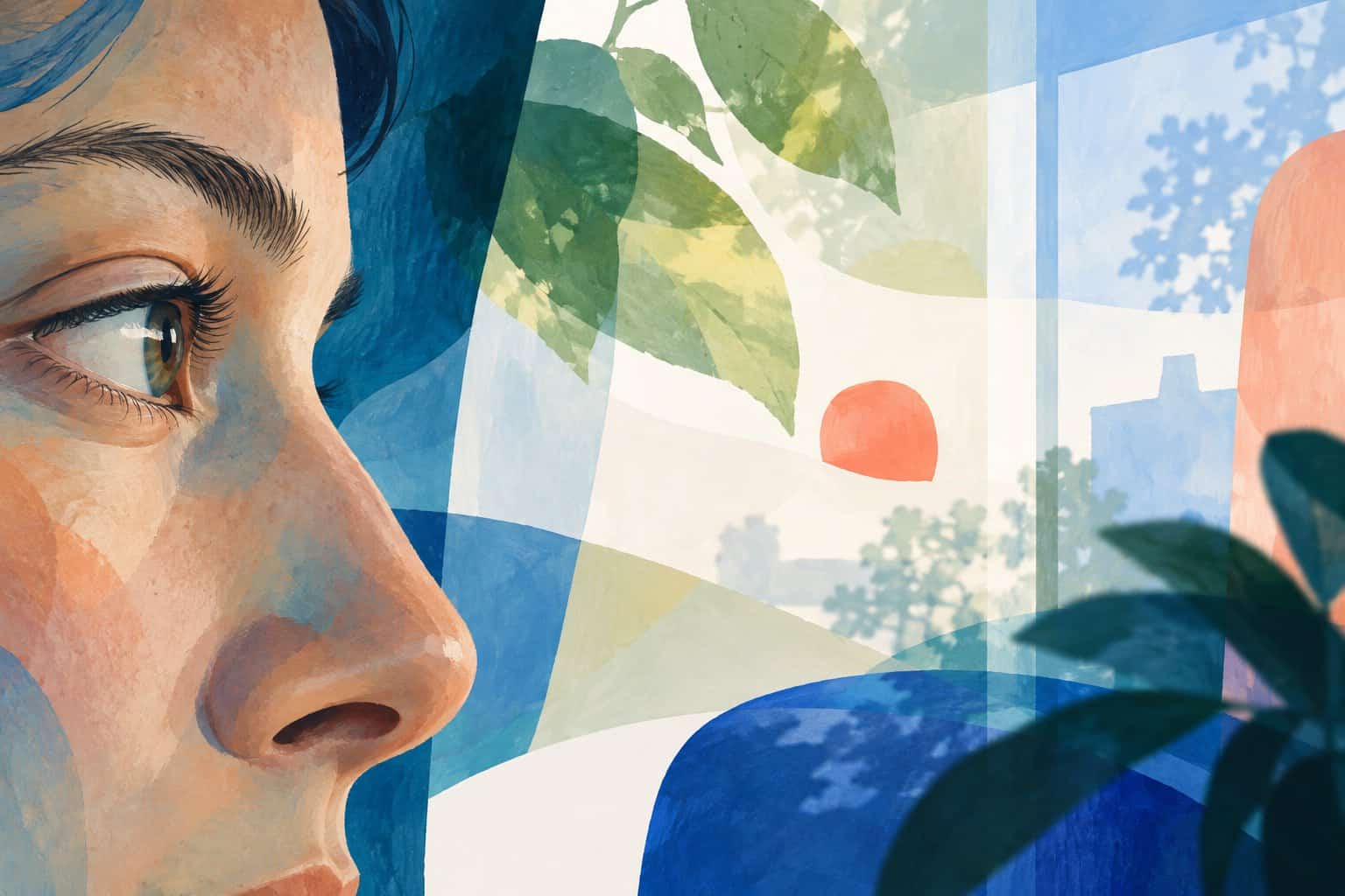 Illustration til meditation med åbne øjne: et åbent øje med blade, lysflader og et koralfarvet holdepunkt i synsfeltet