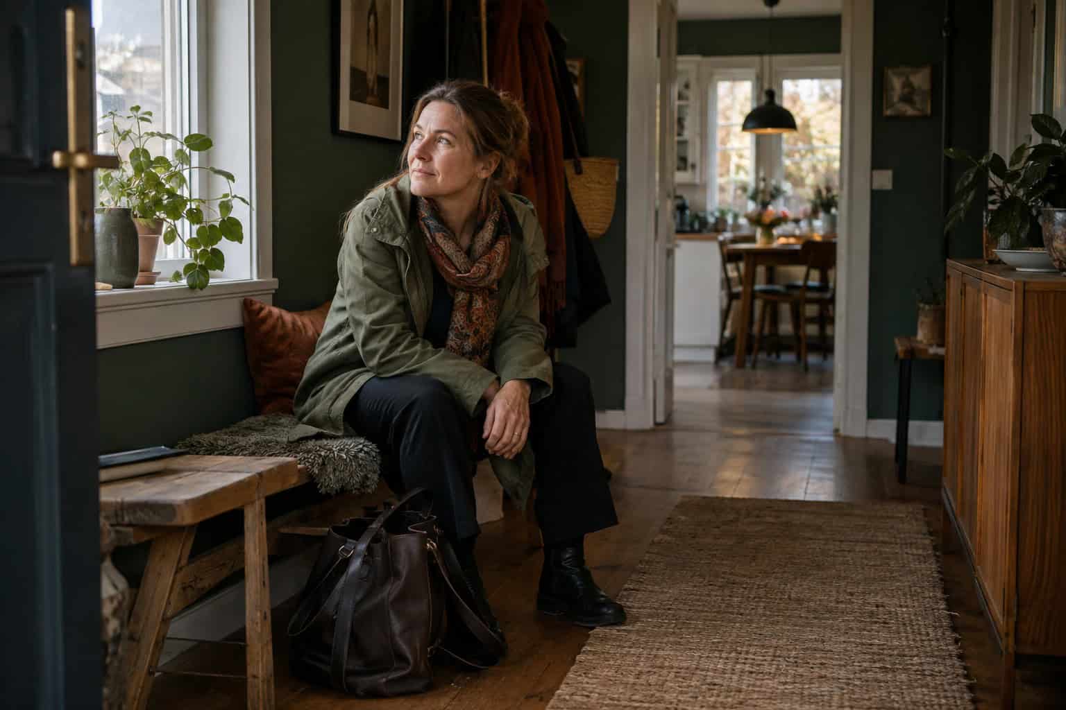 Kvinde tager en lille pause på en bænk i entréen efter at være kommet hjem