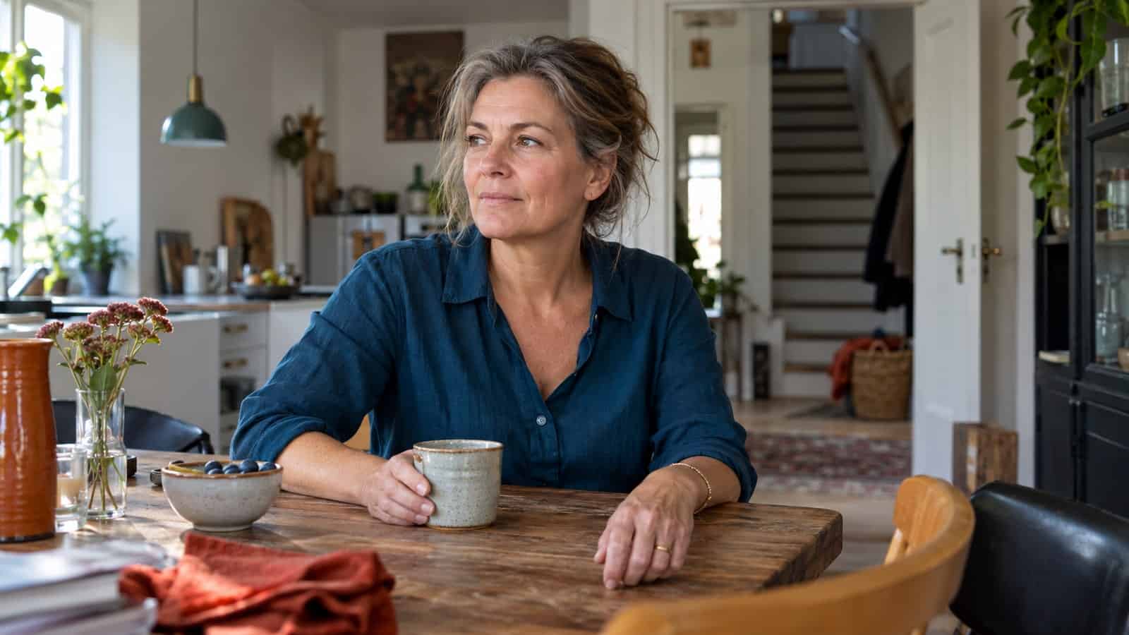 Kvinde i blå skjorte sidder ved et køkkenbord med en kop og en trappe i baggrunden.