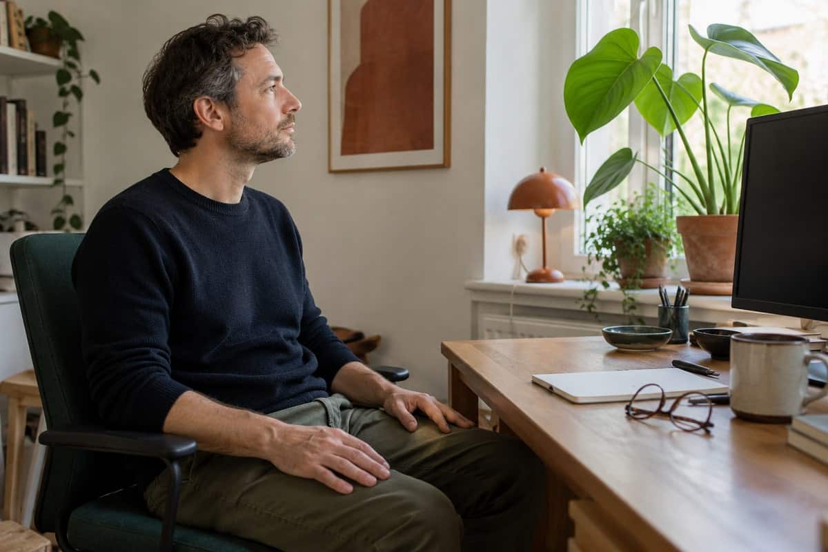 Mand sidder ved et skrivebord med hænderne på lårene og ser mod en plante ved vinduet.